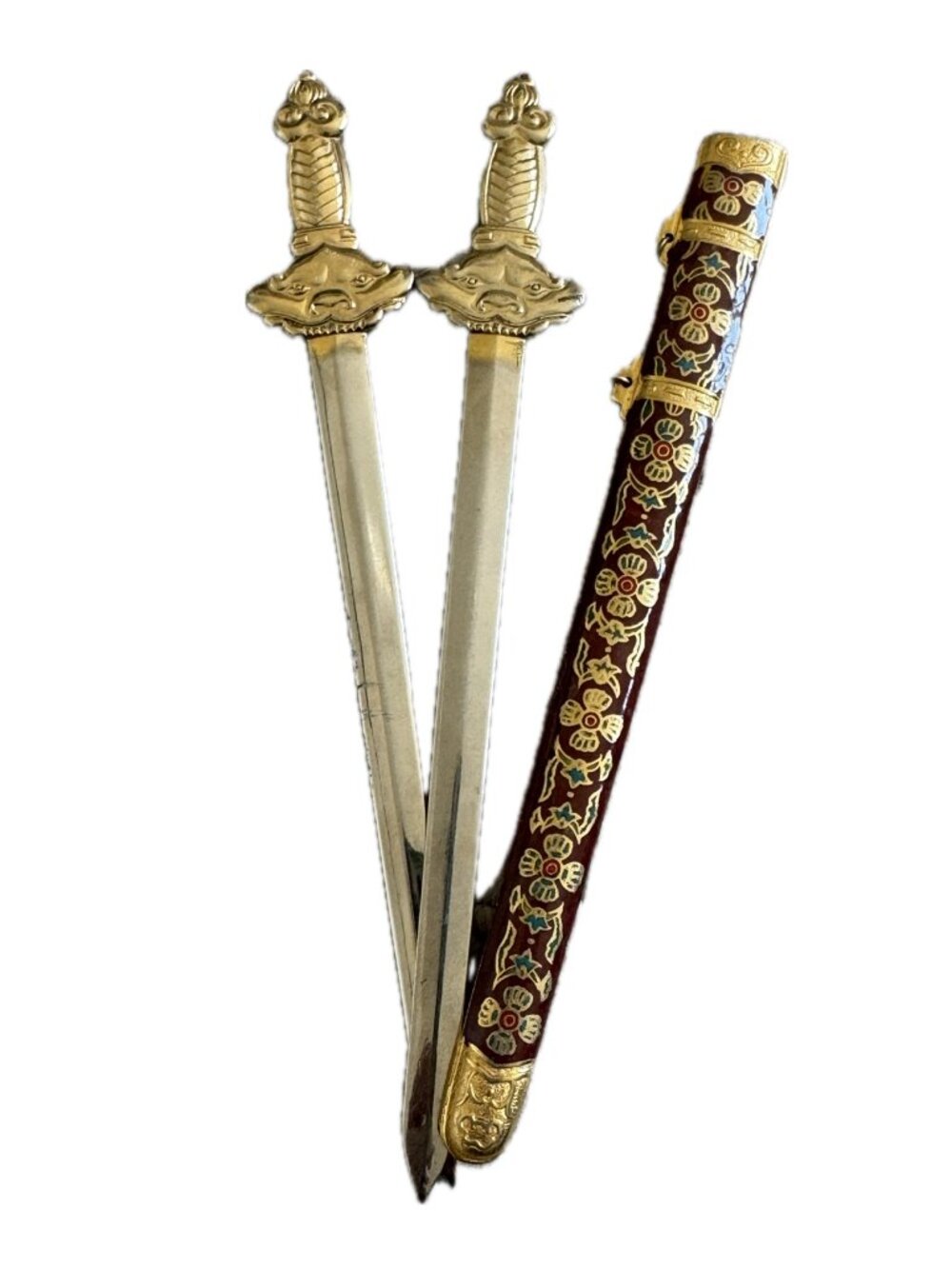 Sword Letter Opener Asian Enamel Gold Red 3 piece set